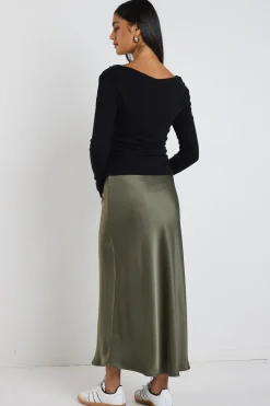 Ivy + Jack Rosette Khaki Satin Bias Midi Skirt