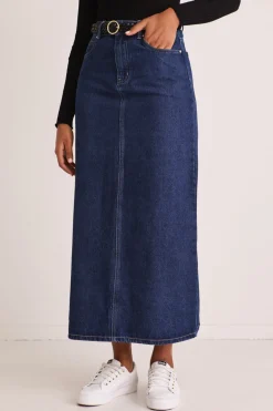 Among the Brave Rouge Dark Blue Denim Midi Skirt