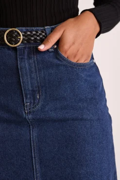 Among the Brave Rouge Dark Blue Denim Midi Skirt