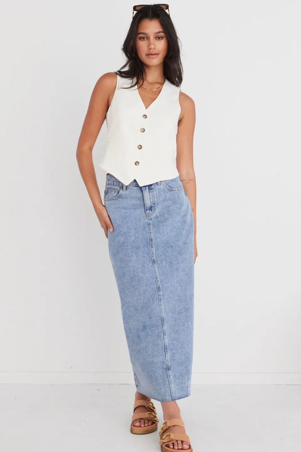 Among the Brave Rouge Vintage Blue Denim Midi Skirt