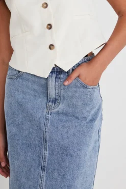 Among the Brave Rouge Vintage Blue Denim Midi Skirt