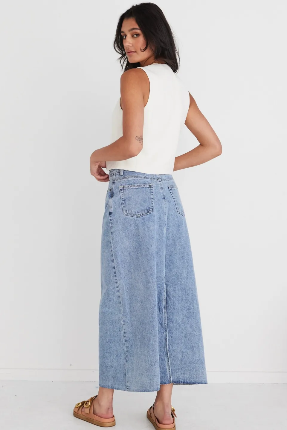 Among the Brave Rouge Vintage Blue Denim Midi Skirt