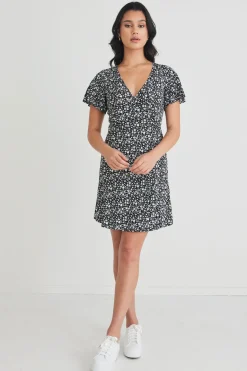 Stories be Told Royals Black Ditsy Ss Wrap Mini Dress