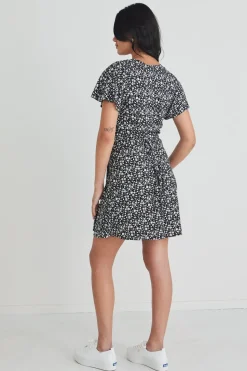Stories be Told Royals Black Ditsy Ss Wrap Mini Dress