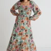 By Rosa. Ruby Green Floral LS Shirred Bodice Tiered Midi Dress