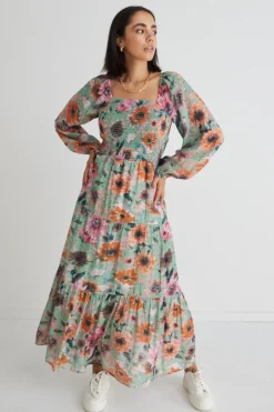By Rosa. Ruby Green Floral LS Shirred Bodice Tiered Midi Dress
