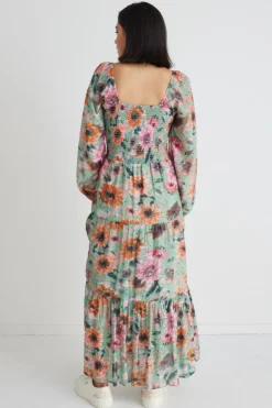 By Rosa. Ruby Green Floral LS Shirred Bodice Tiered Midi Dress