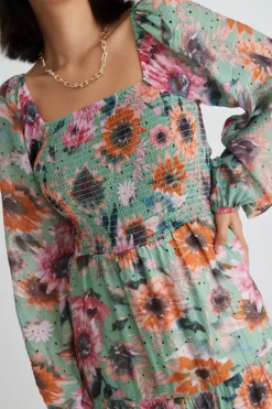 By Rosa. Ruby Green Floral LS Shirred Bodice Tiered Midi Dress