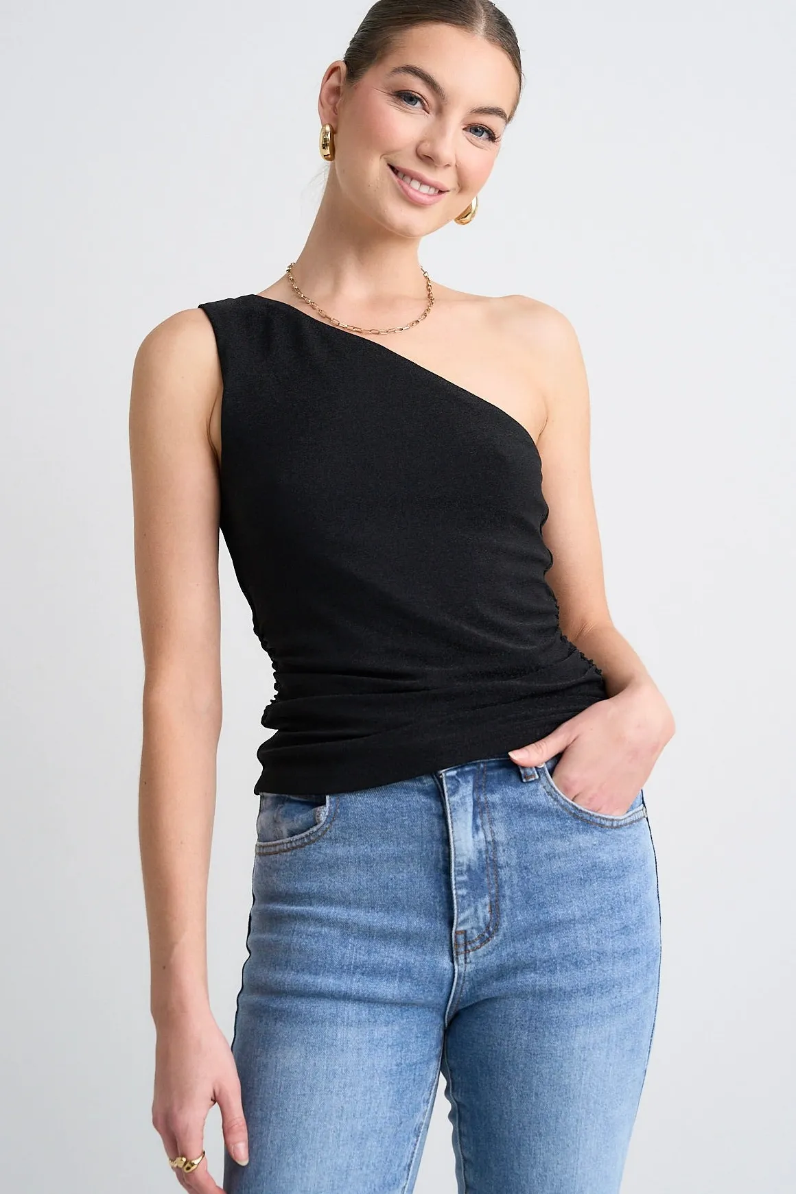 Georgia Mae Rush Black Shimmer Stretch One Shoulder Top