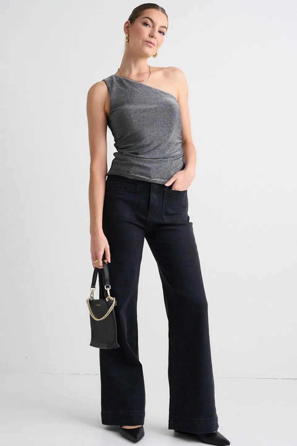 Georgia Mae Rush Silver Shimmer Stretch One Shoulder Top