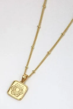 Love Lunamei Sacral 18k Gold Plate EOL Square Charm Lotus Necklace