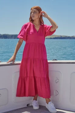 Ivy + Jack Santorini Raspberry Linen Puff Ss V-Neck Tiered Maxi Dress