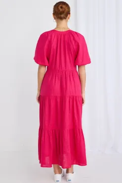 Ivy + Jack Santorini Raspberry Linen Puff Ss V-Neck Tiered Maxi Dress
