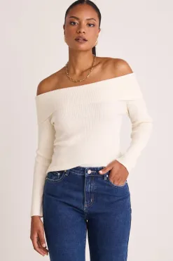 Among the Brave Sasha Winter White LS Off Shoulder Rib Knit Top