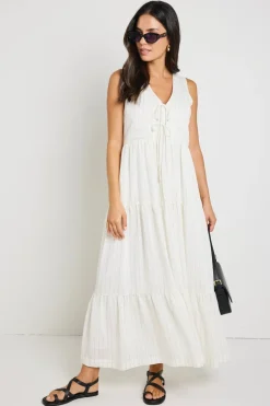 Ivy + Jack Scope Ivory Stripe Tiered Tie Front Midi Dress
