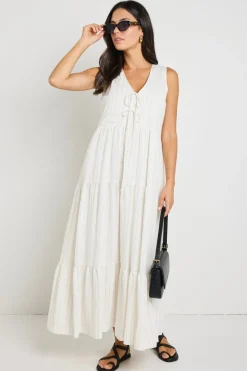 Ivy + Jack Scope Ivory Stripe Tiered Tie Front Midi Dress