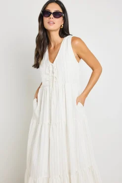Ivy + Jack Scope Ivory Stripe Tiered Tie Front Midi Dress
