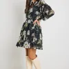 By Rosa. Script Black Floral Balloon Sleeve Mini Shirt Dress