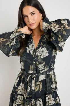 By Rosa. Script Black Floral Balloon Sleeve Mini Shirt Dress