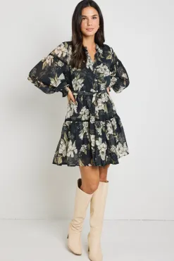 By Rosa. Script Black Floral Balloon Sleeve Mini Shirt Dress
