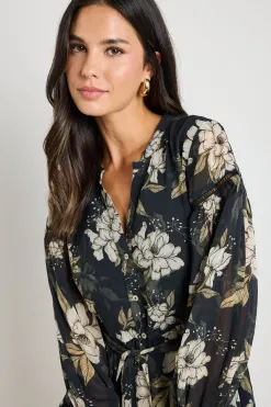 By Rosa. Script Black Floral Balloon Sleeve Mini Shirt Dress