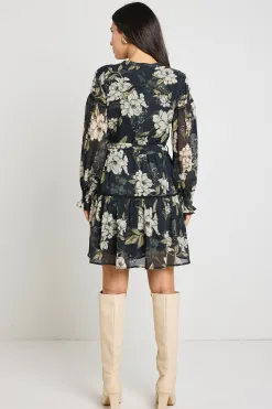 By Rosa. Script Black Floral Balloon Sleeve Mini Shirt Dress