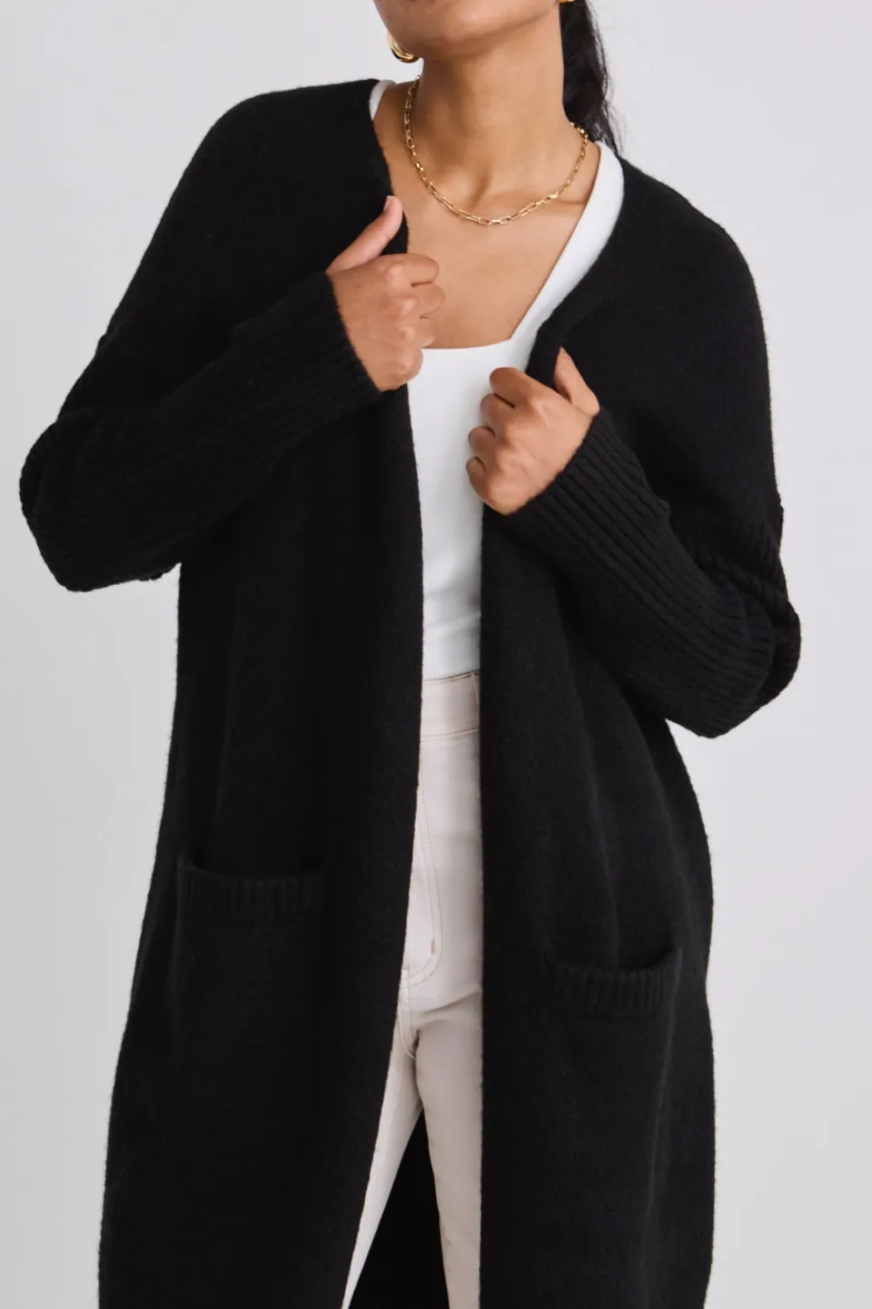 Among the Brave Secure Black Longline Knit Cardigan with Pockets