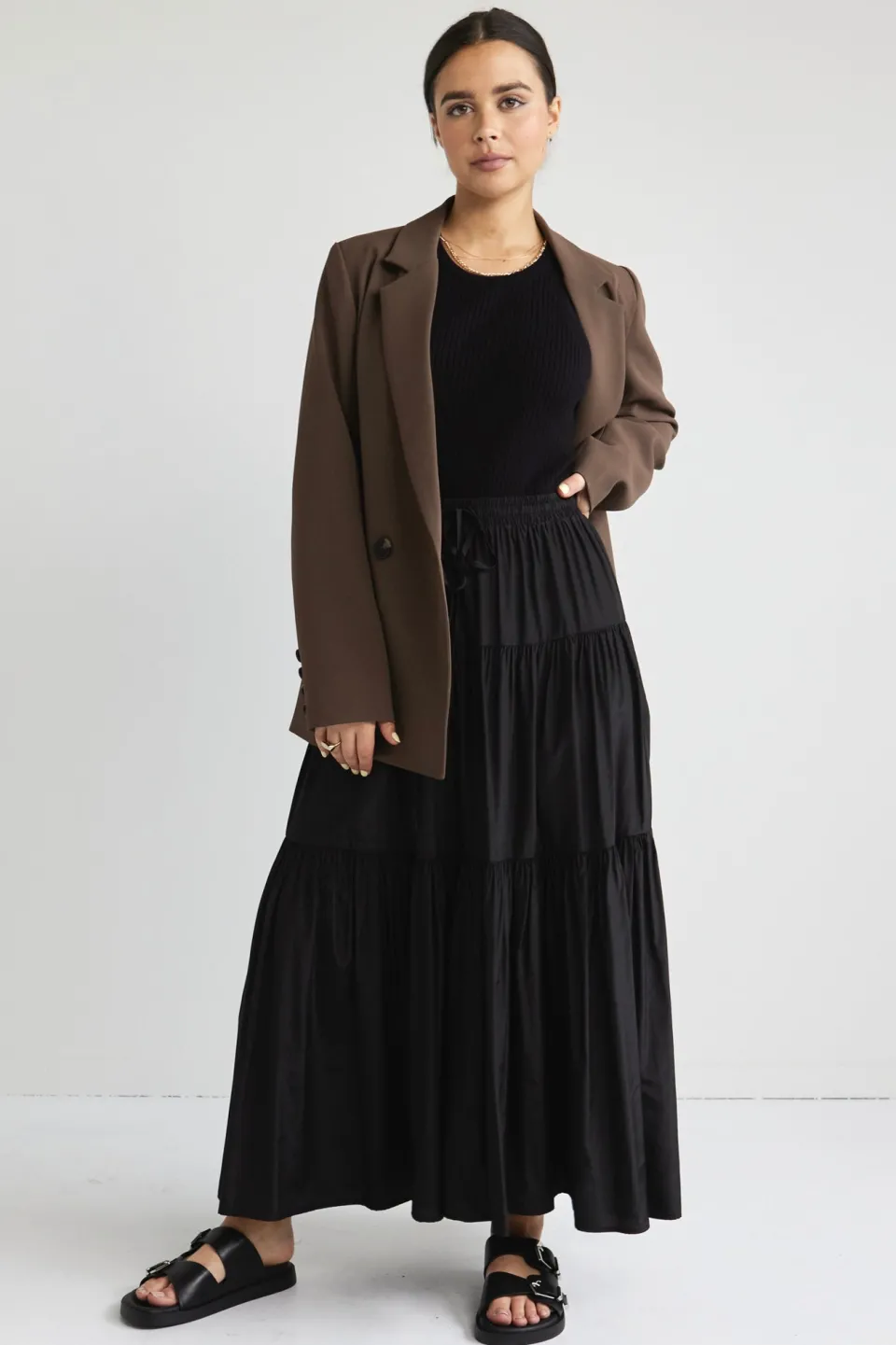Among the Brave Sensational Black Tiered Satin Tie Waist Maxi Skirt