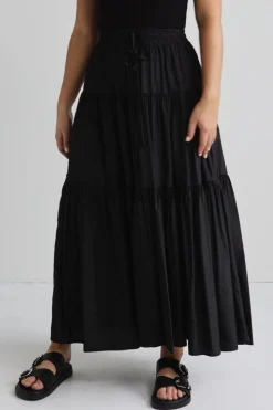 Among the Brave Sensational Black Tiered Satin Tie Waist Maxi Skirt