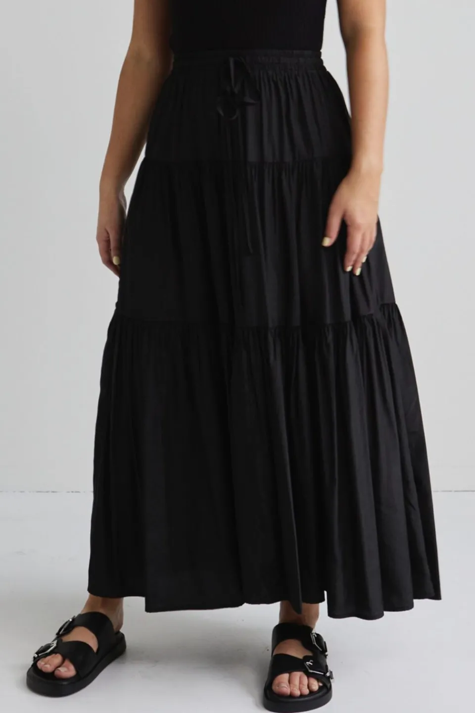 Among the Brave Sensational Black Tiered Satin Tie Waist Maxi Skirt