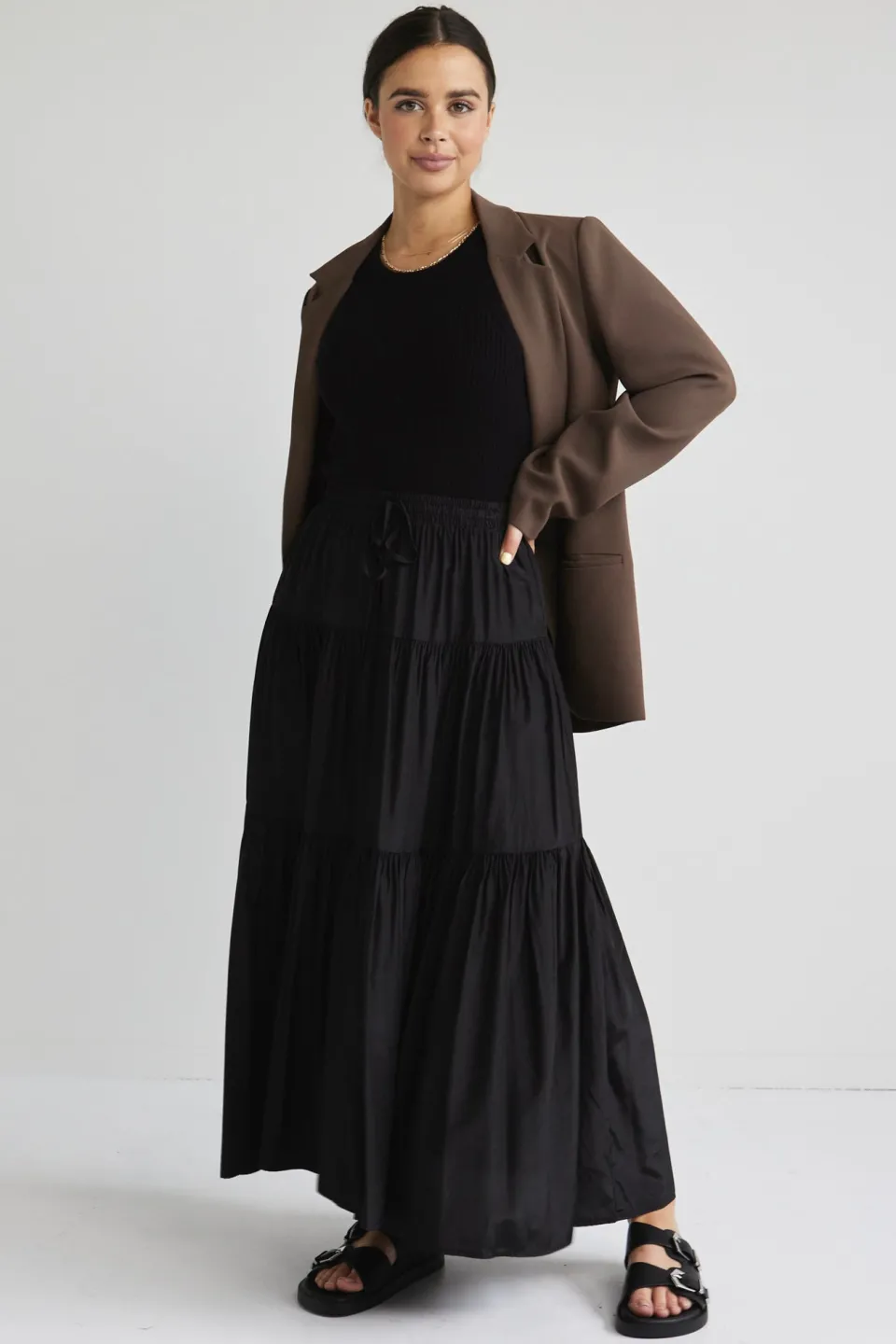 Among the Brave Sensational Black Tiered Satin Tie Waist Maxi Skirt