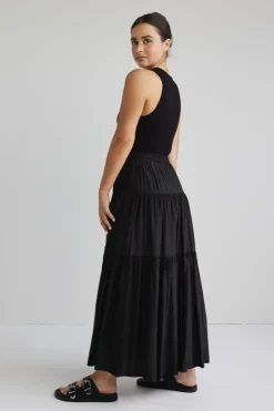 Among the Brave Sensational Black Tiered Satin Tie Waist Maxi Skirt