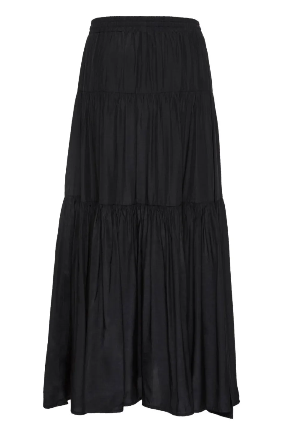 Among the Brave Sensational Black Tiered Satin Tie Waist Maxi Skirt