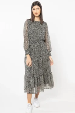 Seeking Lola Serene Black Spot Shirred Waist LS Maxi Dress