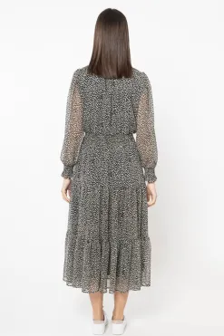 Seeking Lola Serene Black Spot Shirred Waist LS Maxi Dress