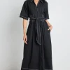Among the Brave Service Black Cotton Short Sleeve Midi Shirt Dress