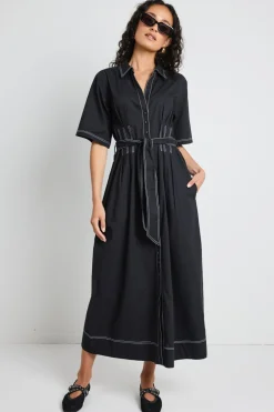 Among the Brave Service Black Cotton Short Sleeve Midi Shirt Dress