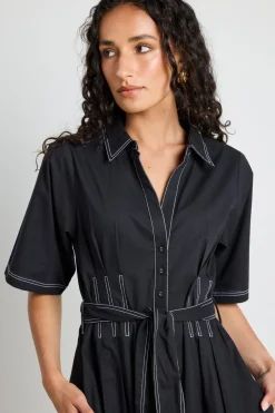 Among the Brave Service Black Cotton Short Sleeve Midi Shirt Dress