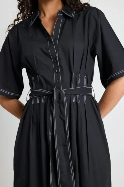 Among the Brave Service Black Cotton Short Sleeve Midi Shirt Dress