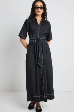Among the Brave Service Black Cotton Short Sleeve Midi Shirt Dress