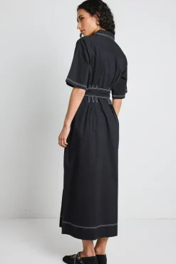 Among the Brave Service Black Cotton Short Sleeve Midi Shirt Dress