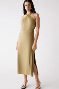 Esmaee Sevilla Olive High Neck Sleeveless Midi Dress