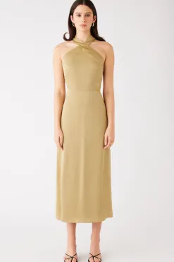 Esmaee Sevilla Olive High Neck Sleeveless Midi Dress