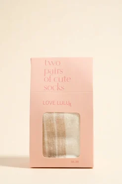 Love Lulu Short 2 Pair White with Oat Stripe Socks Gift Box