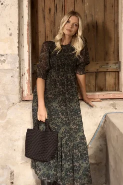 Ivy + Jack Showcase Khaki Ditsy Print Georgette Puff Sleeve Tiered Maxi Dress