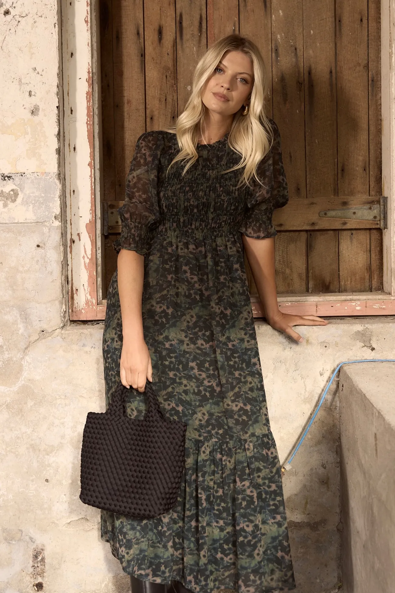 Ivy + Jack Showcase Khaki Ditsy Print Georgette Puff Sleeve Tiered Maxi Dress