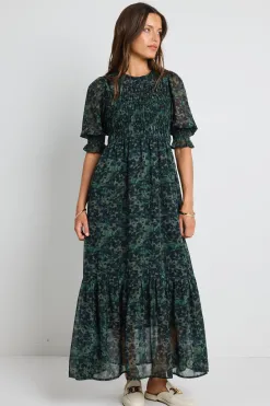 Ivy + Jack Showcase Khaki Ditsy Print Georgette Puff Sleeve Tiered Maxi Dress