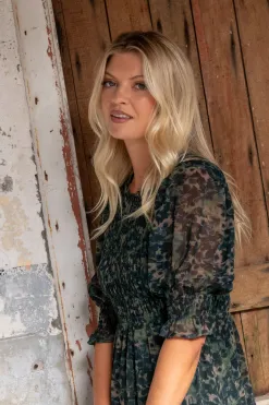 Ivy + Jack Showcase Khaki Ditsy Print Georgette Puff Sleeve Tiered Maxi Dress
