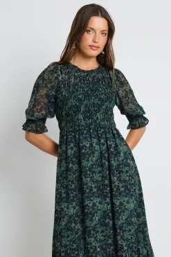 Ivy + Jack Showcase Khaki Ditsy Print Georgette Puff Sleeve Tiered Maxi Dress