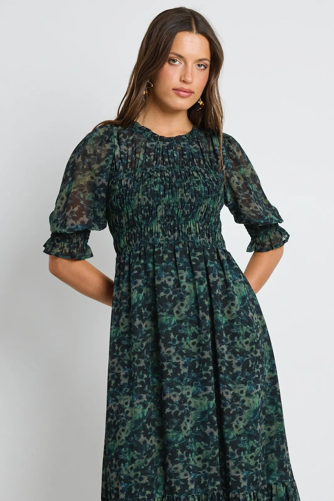 Ivy + Jack Showcase Khaki Ditsy Print Georgette Puff Sleeve Tiered Maxi Dress